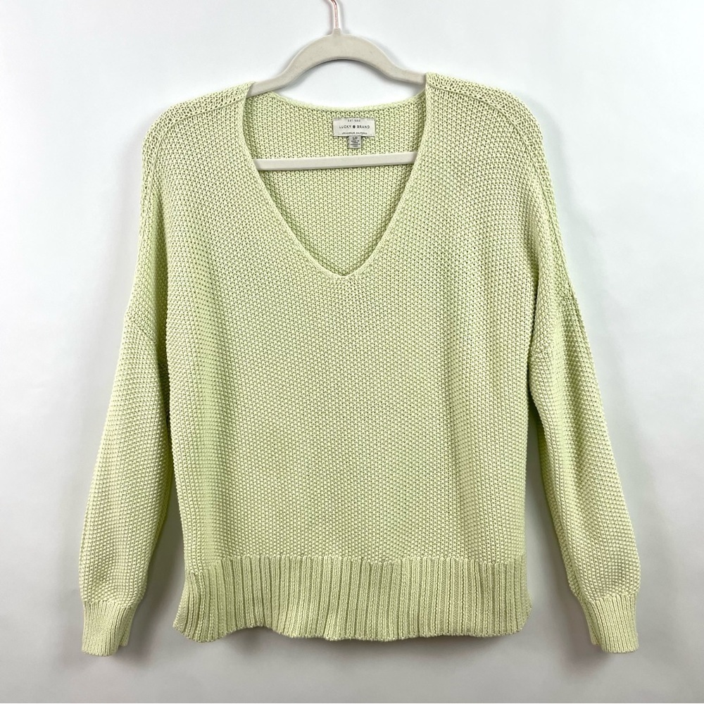 Lucky Brand Chunky Knit V-Neck Sweater Pale Green Relaxed Fitted Sleeves S